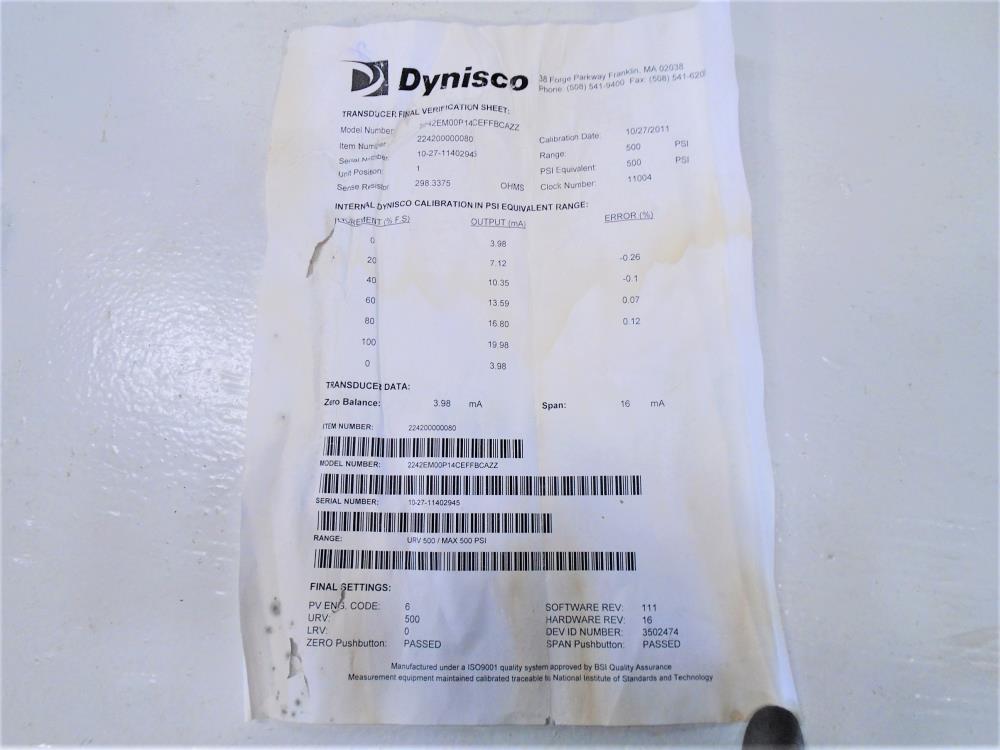 Dynisco Melt Pressure Transmitter 2242EM00P14CEFFBCAZZ